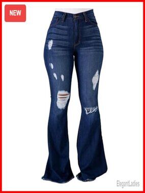 Women's Flare Bell Bottom Jeans High Waist Ripped Distressed Wide Leg Denim